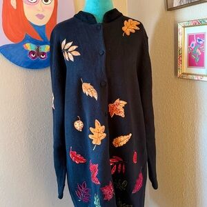Quacker Factory Black Cardigan with Colorful Leaf Embroidery